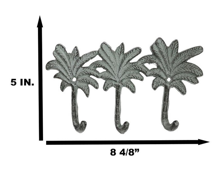 Pack Of 2 Cast Iron Verdigris Beach Coconut Palm Trees Triple Wall Key Hooks