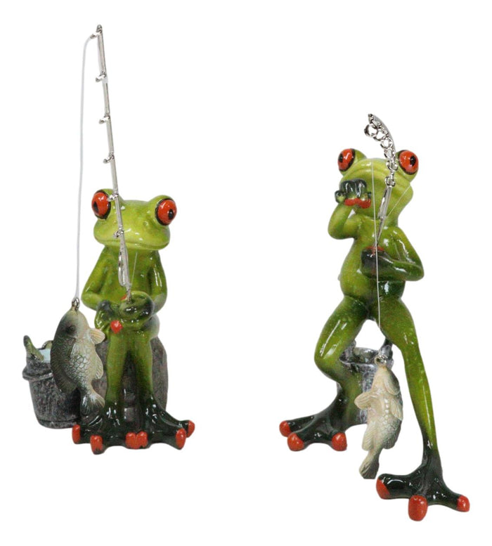 Pack Of 2 Favorite Pastime Green Frogs Besties Rod Fishing By The Pond Figurines