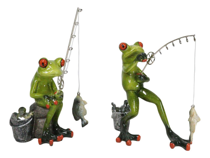 Pack Of 2 Favorite Pastime Green Frogs Besties Rod Fishing By The Pond Figurines