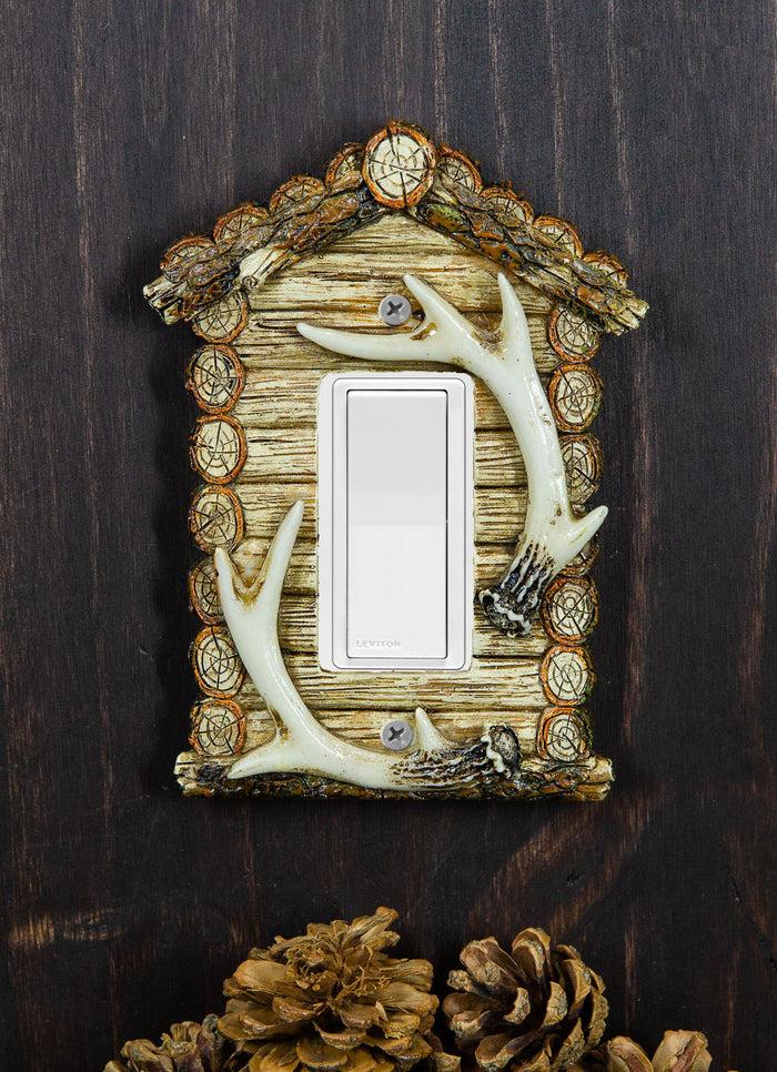 Pack of 2 Rustic Log Cabin Deer Antlers Single Rocker Wall Outlet Switch Plate