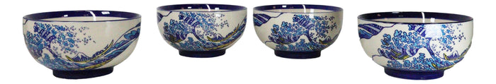 Pack Of 4 Blue Japanese Hokusai Great Wave Ceramic Soup Rice Salad Bowls 22oz