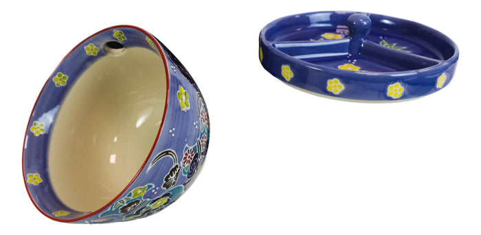 Purple Floral Sky Ramen Bowl With Tempura Divider Condiment Lid Chopsticks Set