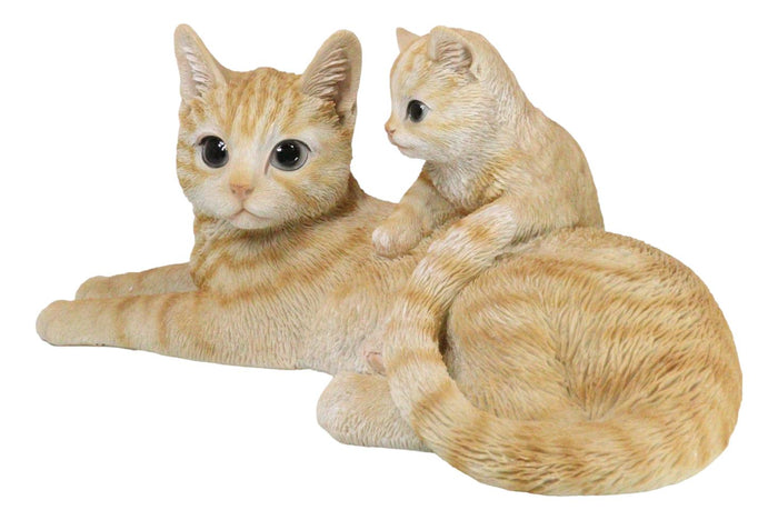 Realistic Curious Feline Orange Tabby Cat Mother With Cute Kitten Figurine 12"L