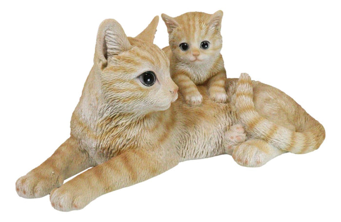 Realistic Curious Feline Orange Tabby Cat Mother With Cute Kitten Figurine 12"L