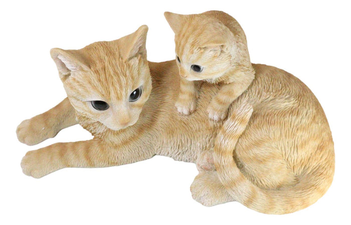 Realistic Curious Feline Orange Tabby Cat Mother With Cute Kitten Figurine 12"L