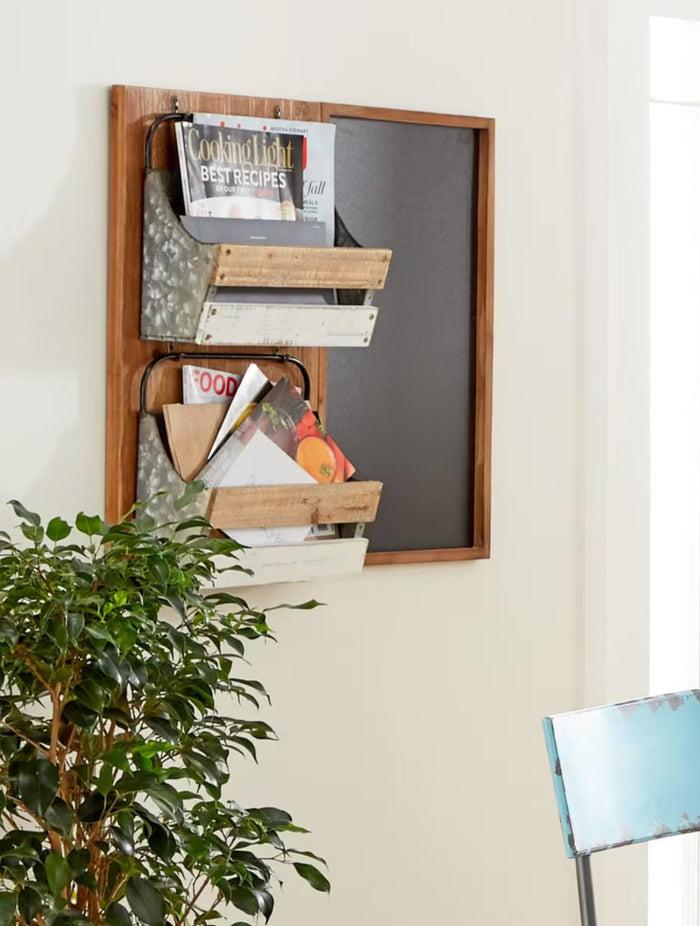 Rustic 23"H Wooden Chalkboard With 2 Metal Mail Pocket Organizer Wall Rack