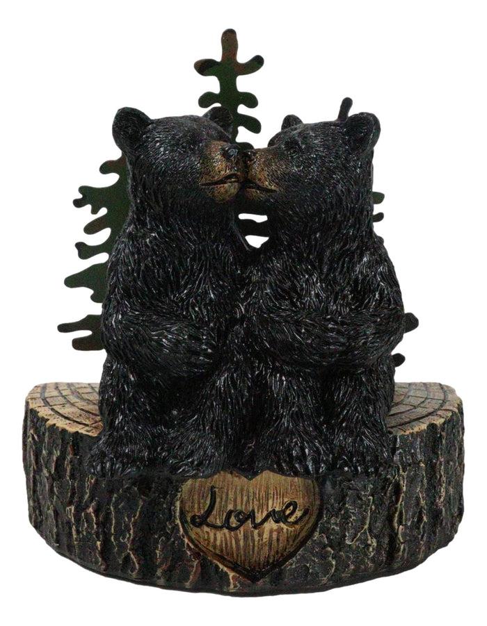 Rustic Black Bear Couple Kissing On Love Tree Ring With Pine Trees Figurine