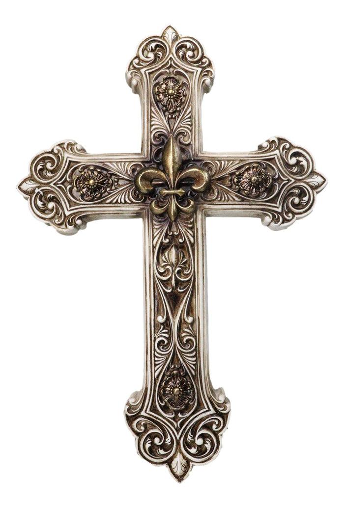Rustic Royal French Fleur De Lis Emblem With Ornate Scrollwork Wall Cross Decor