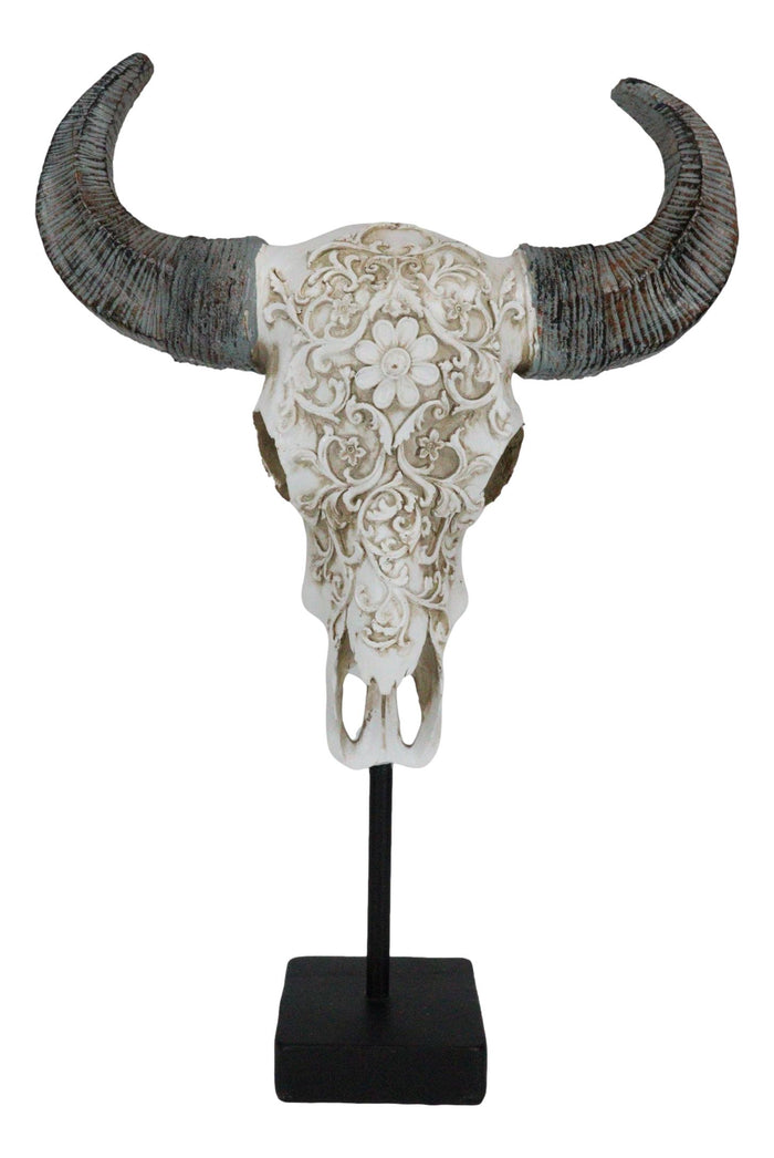 Rustic Tooled Scroll Lace Bull Cow Steer Head Skull Sculpture On Pole Display