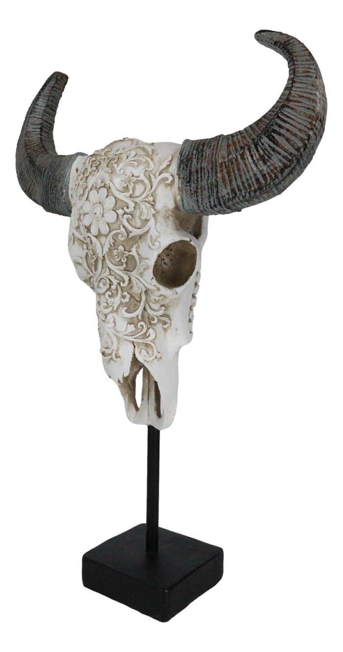 Rustic Tooled Scroll Lace Bull Cow Steer Head Skull Sculpture On Pole Display
