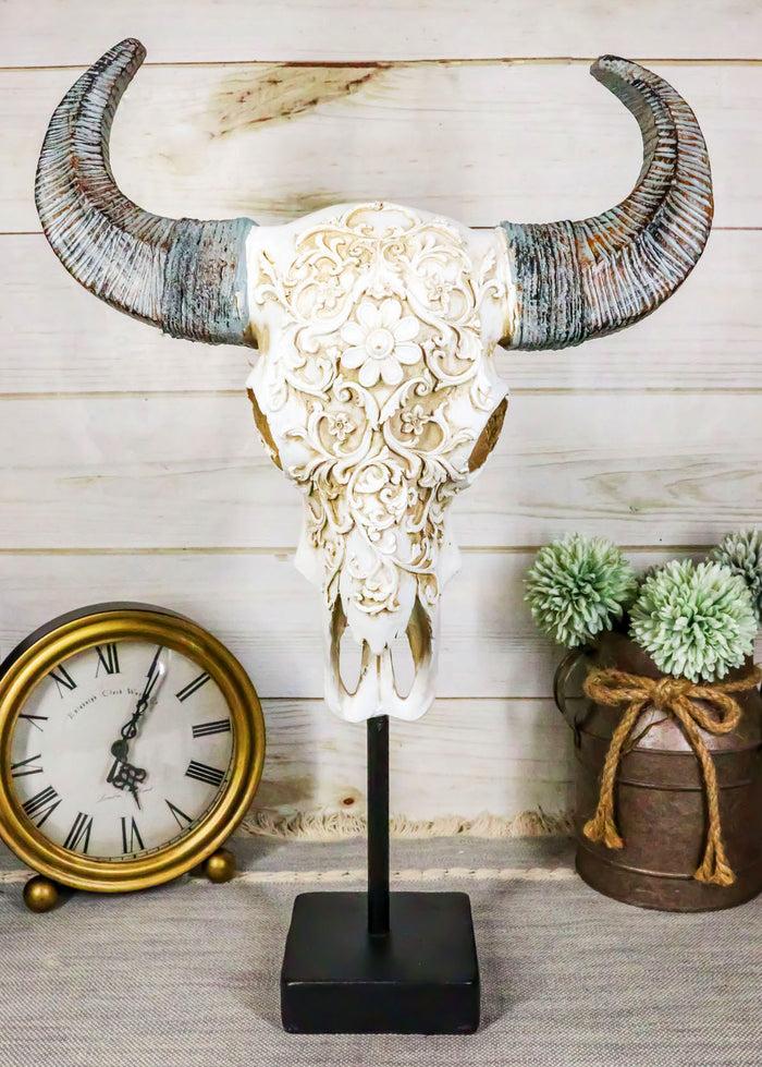 Rustic Tooled Scroll Lace Bull Cow Steer Head Skull Sculpture On Pole Display
