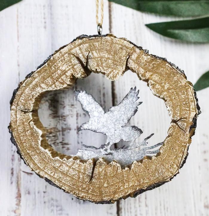 Rustic Western Bald Eagle Faux Wood Log Slice Set of 4 Christmas Tree Ornaments