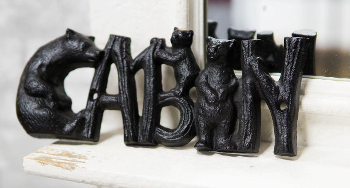 Rustic Western Black Bears And Cub With Logs CABIN Cast Iron Wall Sign Decor