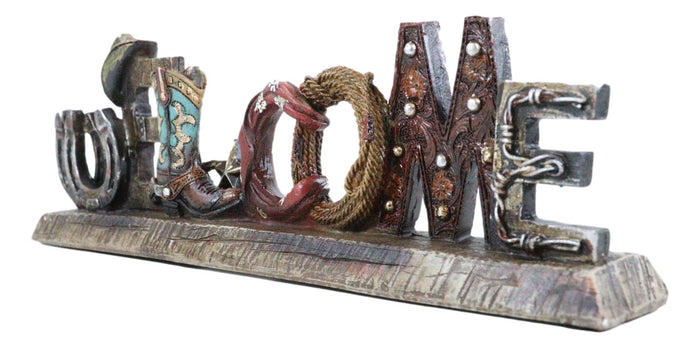 Rustic Western Cowboy Boot Hat Ropes Horseshoes Welcome Sign Desktop Plaque