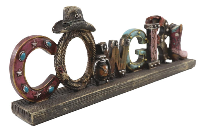 Rustic Western Cowgirl Sign Ropes Hat Horseshoe Faux Barnwood Desktop Plaque