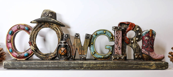 Rustic Western Cowgirl Sign Ropes Hat Horseshoe Faux Barnwood Desktop Plaque