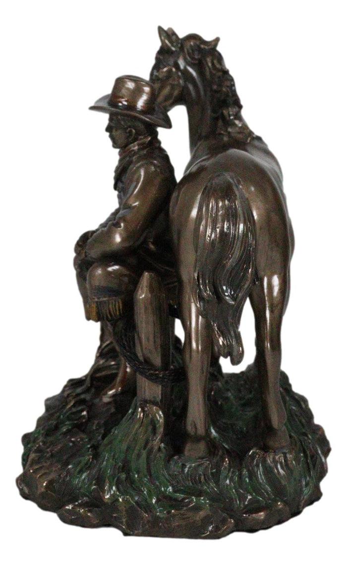 Rustic Western Desert Tranquility Cowboy Sitting By Fence And Horse Figurine