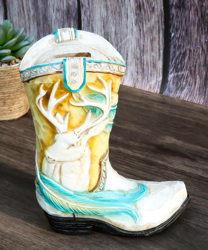 Rustic Western Elk Stag Deer Buck Antlers Feathers Cowboy Boot Money Piggy Bank
