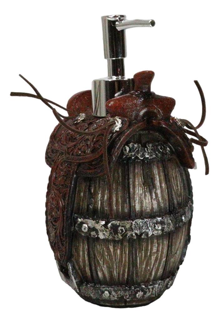 Rustic Western Faux Leather Cowboy Horse Saddle On Barrel Soap Pump Dispenser