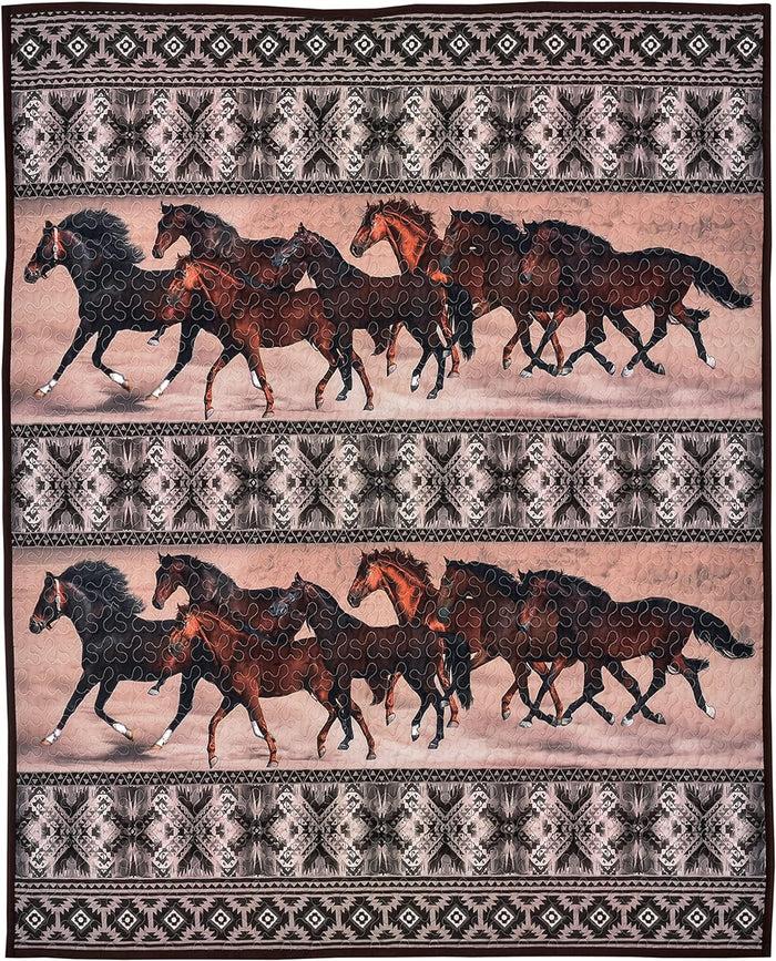 Rustic Western Horse Valley Herd Navajo Vectors Cozy Plush Quilted Throw Blanket