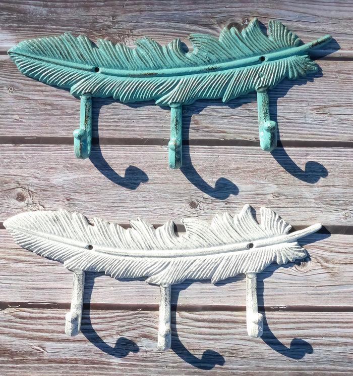 Set of 2 Green White Native Indian Dreamcatcher Feathers 3-Pegs Triple Wall Hook
