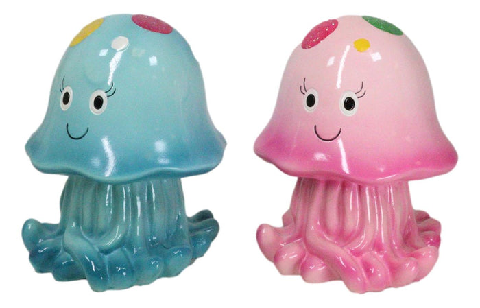 Set Of 2 Whimsical Marine Blue And Pink Sea Jellyfish Money Savings Piggy Banks