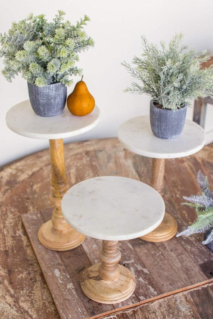 Set of 3 Urban Farmhouse Dining Table Marble Top and Carved Wood Display Stands