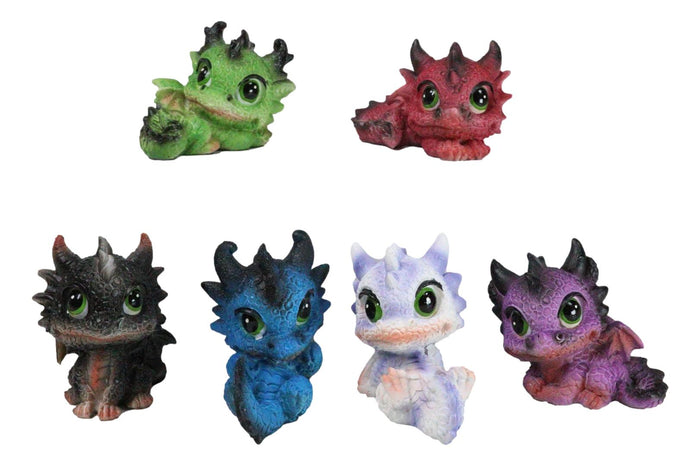 Set Of 6 Fantasy Whimsical Colorful Hatchling Baby Dragons Mini Figurines