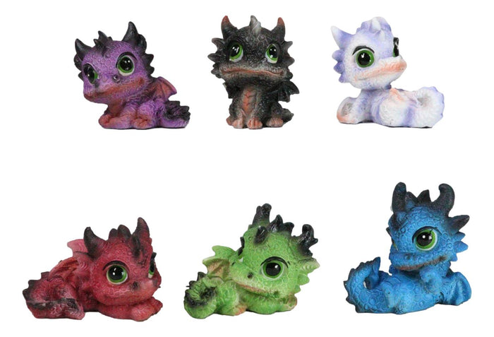 Set Of 6 Fantasy Whimsical Colorful Hatchling Baby Dragons Mini Figurines