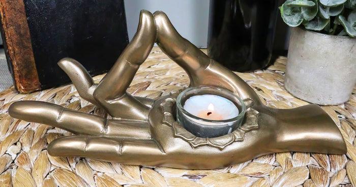 Shunya Mudra Buddha Palm Votive Candle Holder Figurine 9.25"L Yoga Meditation