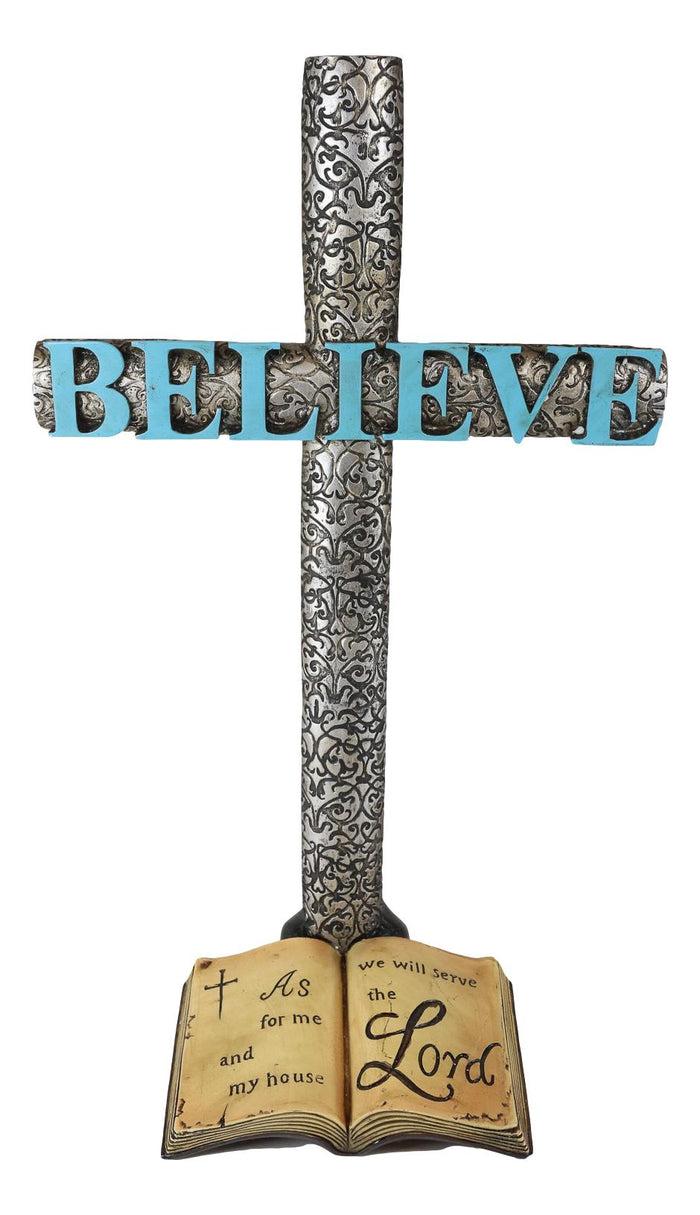 Silver Scroll Filigree Pattern Believe Standing Cross Desktop Plaque Figurine