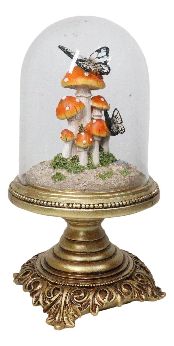 Toadstool Mushrooms Forest With Monarch Butterflies In Glass Cloche Figurine 11"H