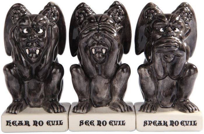 Trio Gargoyles See Hear Speak No Evil Salt Pepper Shakers And Toothpick Holder