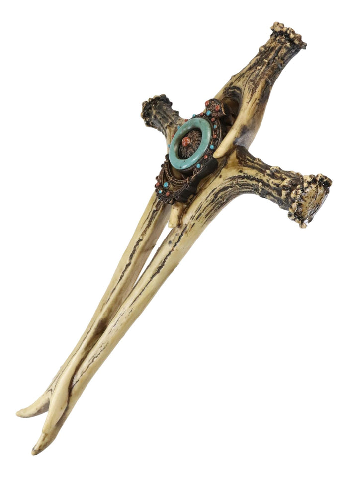 Turquoise Gemstones Ring On Intertwined Buck Deer Antlers Bone Wall Cross Decor