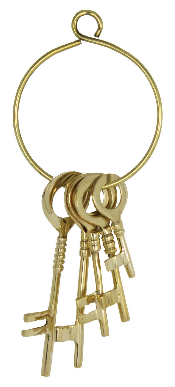 Vintage Antique Design Brass Golden Assorted Jailor Keys On Ring Set of 5