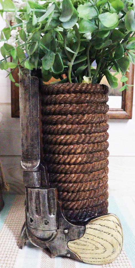 Western Cowboy Pistol Revolver Gun With Braided Ropes Barrel Floral Vase Decor