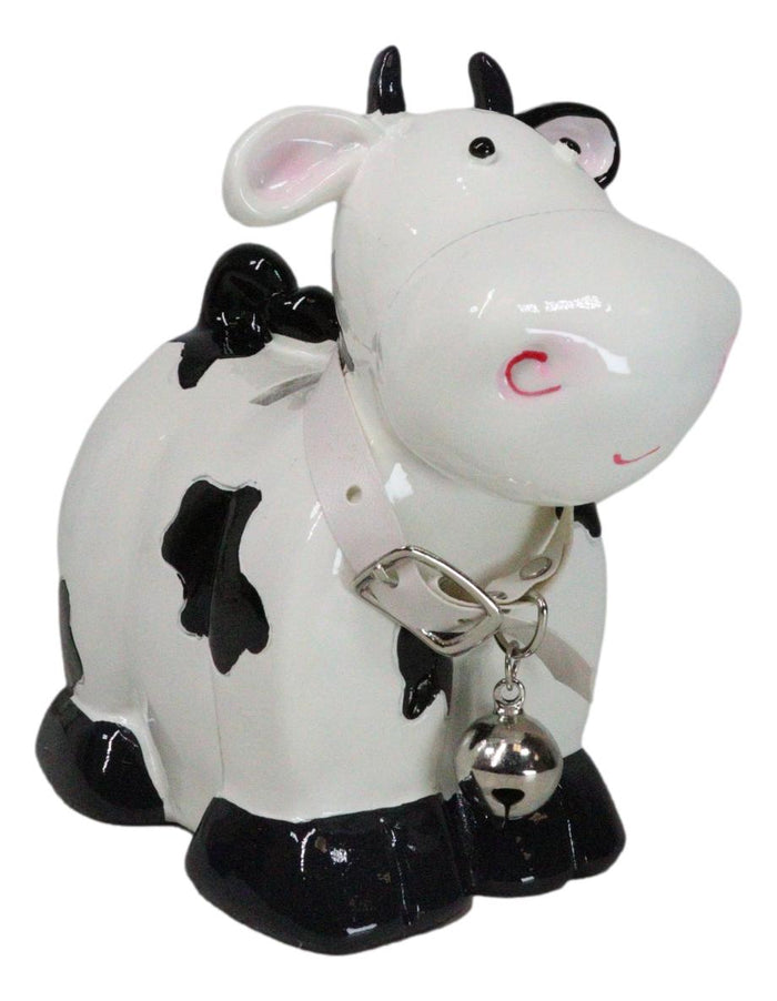 Whimsical Holstein Bovine Cow With Collar Bell Money Coin Savings Piggy Bank