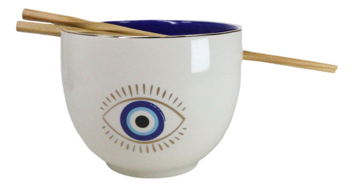 White And Gold Wicca Mystic Evil Eye Of Providence Soup Bowl With Chopsticks