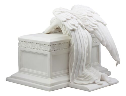 White Inspirational Angel Of Bereavement Holding Wreath Cremation Urn Statue