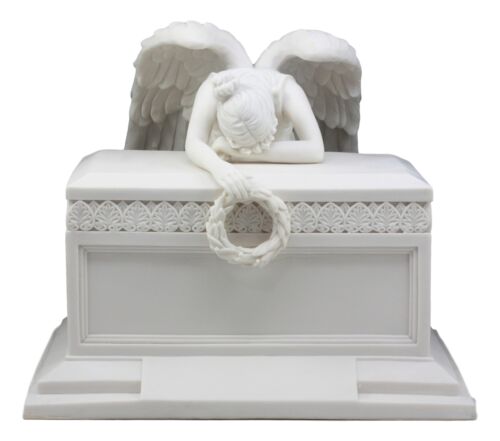 White Inspirational Angel Of Bereavement Holding Wreath Cremation Urn Statue