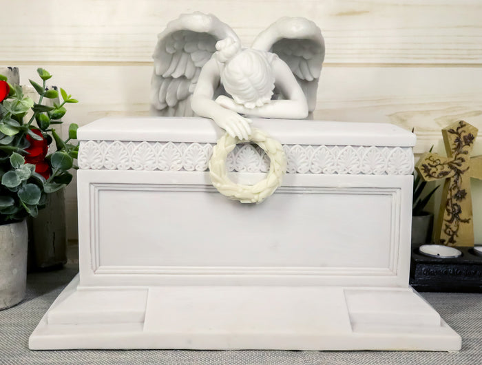 White Inspirational Angel Of Bereavement Holding Wreath Cremation Urn Statue