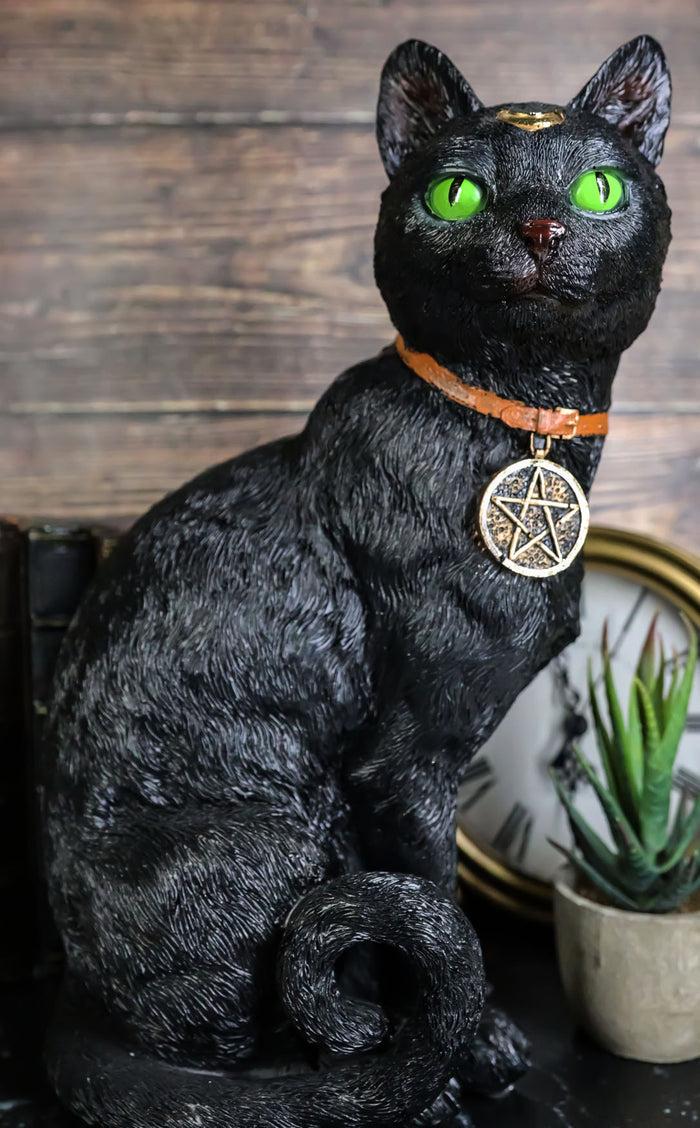 Wicca Witchcraft Green Eyed Moon Black Cat With Pentagram Necklace Figurine