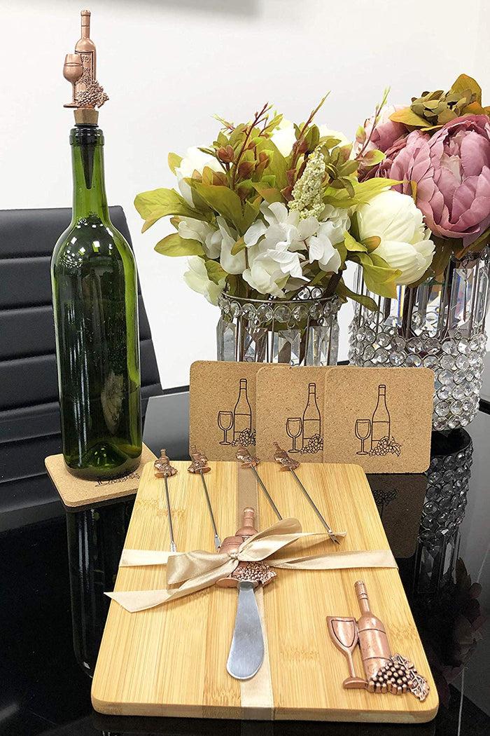 Wine And Grapes Bamboo Cheese Board Knife Wine Stopper Picks & Coasters Gift Set
