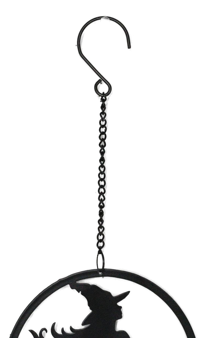 Witch On Broomstick With Crescent Moon And Pentagram Stars Hanging Decoration
