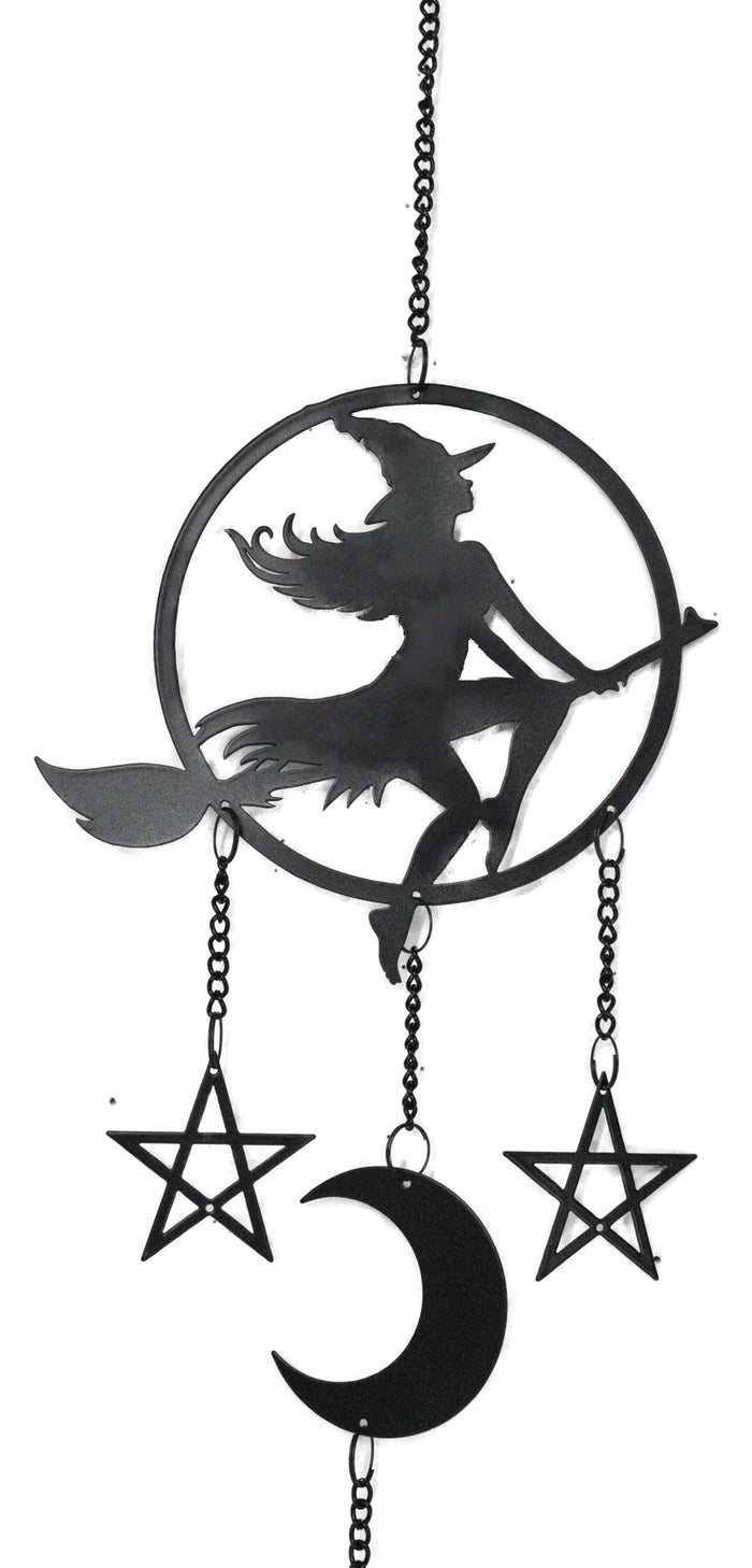 Witch On Broomstick With Crescent Moon And Pentagram Stars Hanging Decoration