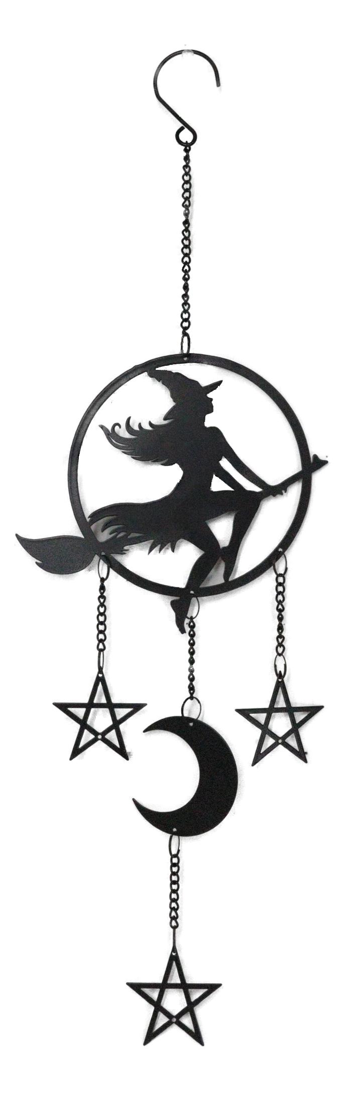 Witch On Broomstick With Crescent Moon And Pentagram Stars Hanging Decoration