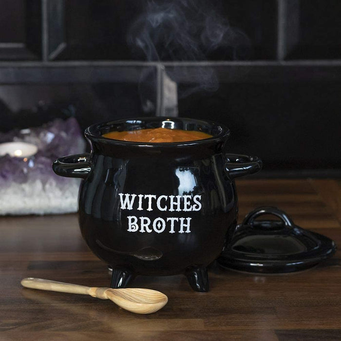 Witches Broth Cauldron Ceramic Bowl With Broom Spoon